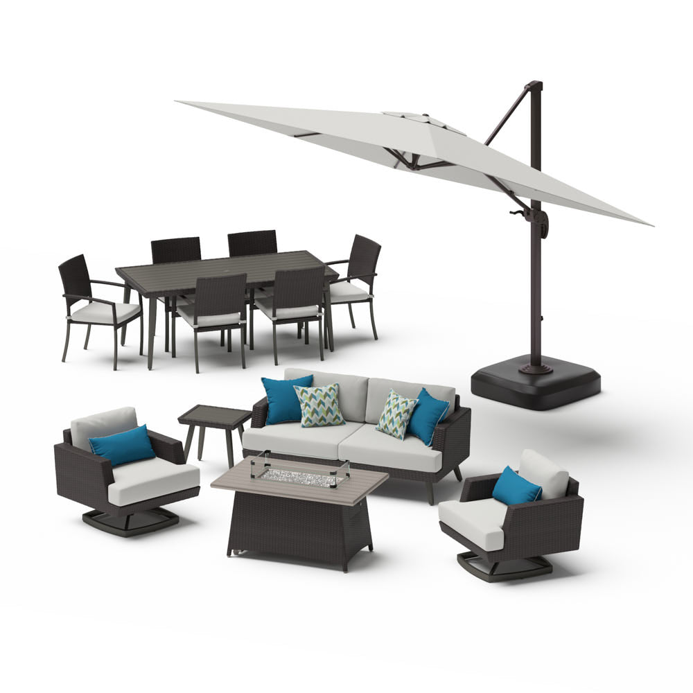 Portofino Casual 13 Piece Sunbrella Outdoor Patio Motion Seating & Dining Set With Fire Table & Umbrella