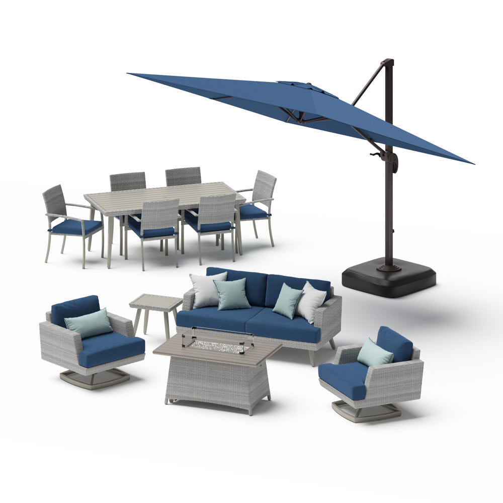 Portofino Casual 13 Piece Sunbrella Outdoor Patio Motion Seating & Dining Set With Fire Table & Umbrella